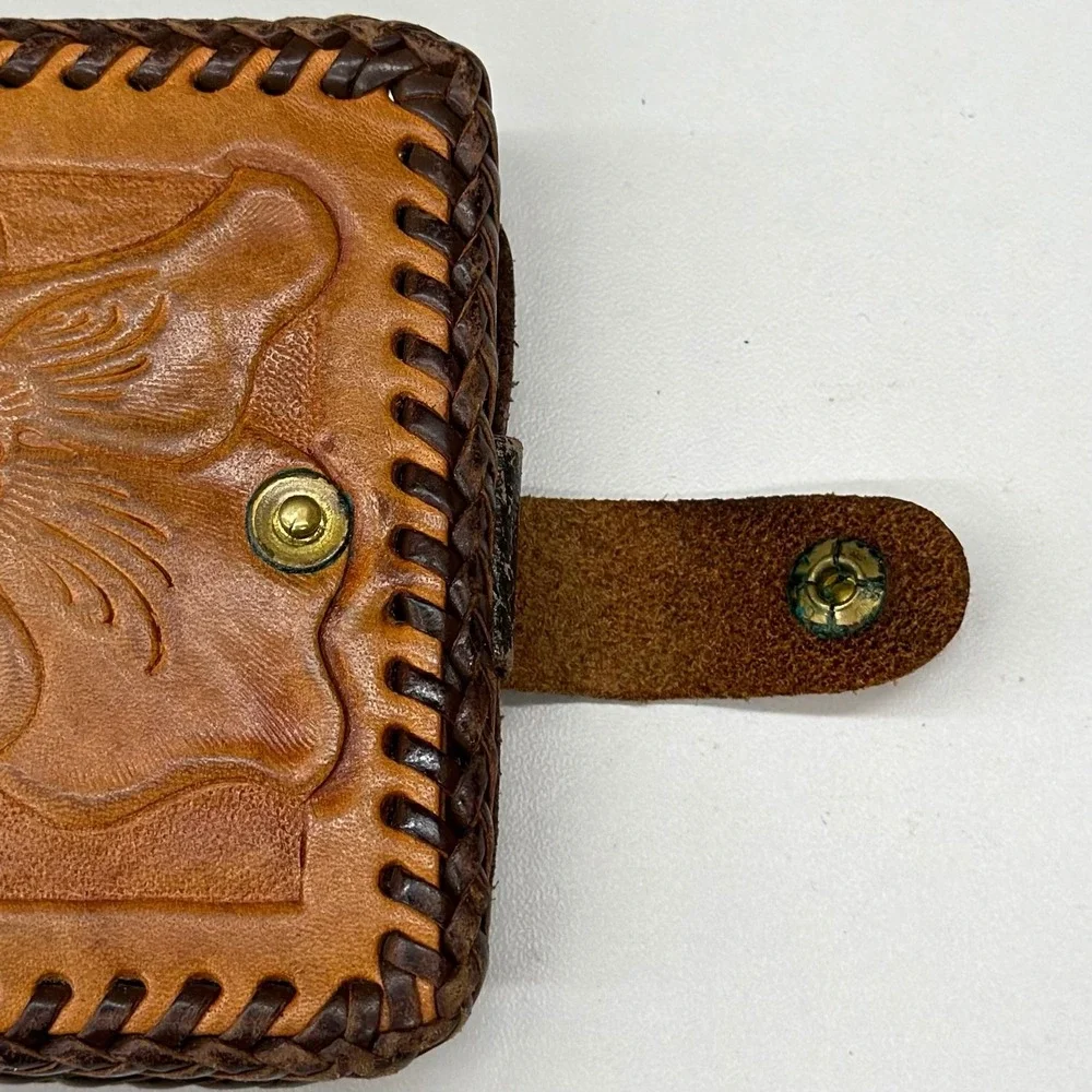 Vtg Joo-Kay Real Leather Tooled Floral Bifold Wallet Western Whipstitch Brown